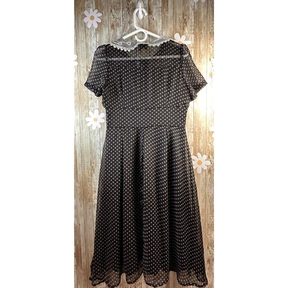 Lindy Bop A-Line Dress Large Black Chiffon Polka Dots Collared Lace Trim Pleated - Picture 2 of 10
